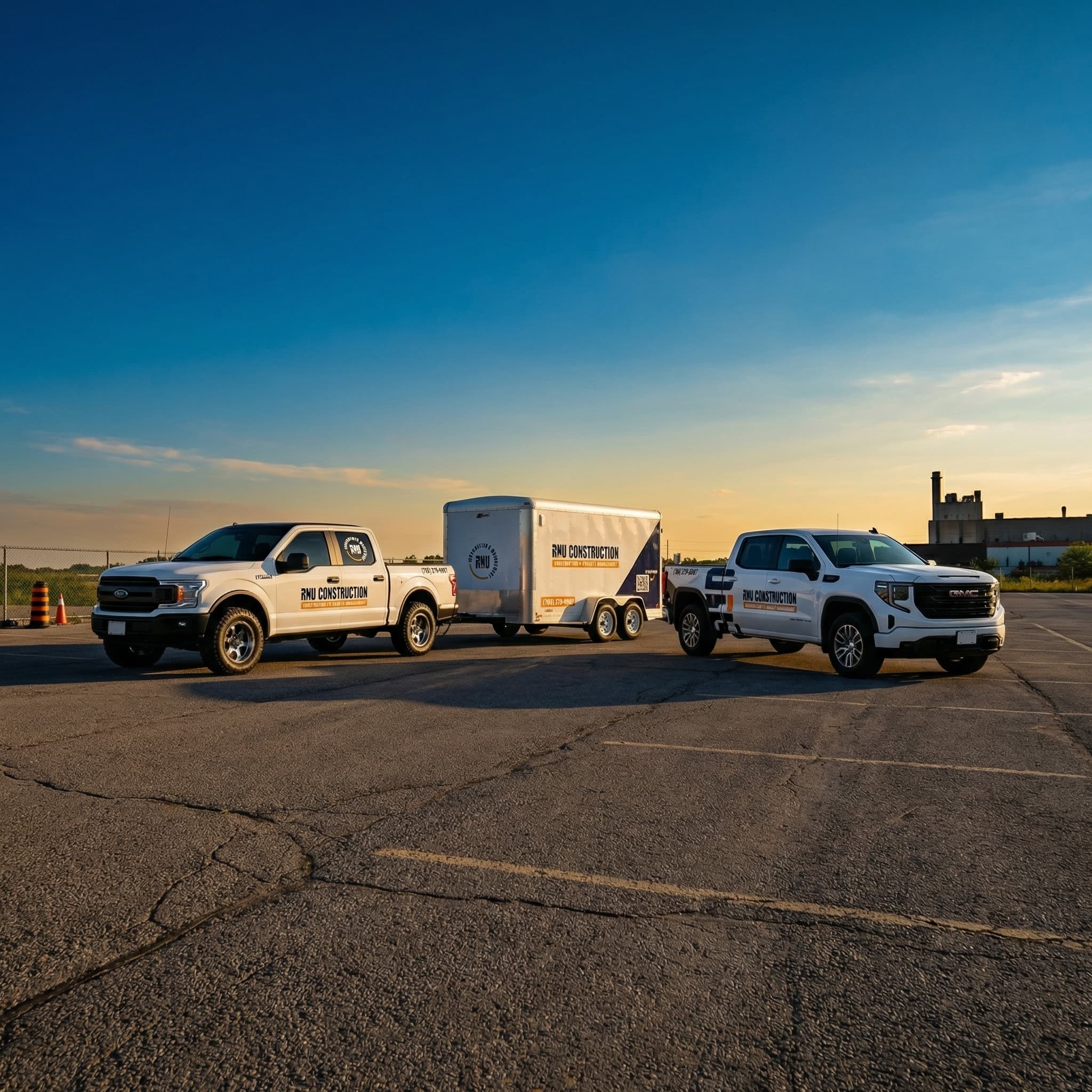 RNU Construction trucks and trailer on site